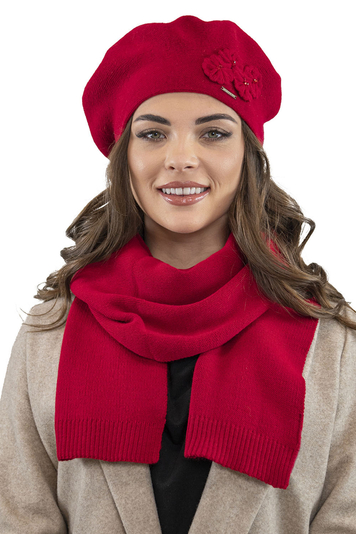 Vivisence Elegant Women's Winter Set Including Classic Beret With Floral Decoration And Matching Long Warm Wool Scarf Ideal For Cold Winter And Autumn Days , Red