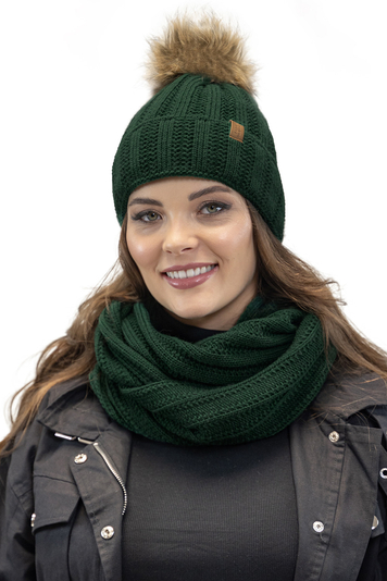 Vivisence Fashionable Winter Set For Women Hat With Pom-Pom And Matching Chimney Made Of Warm Yarn With Trendy Weave Soft Fleece Lining Perfect For Cold Winter Days, Green