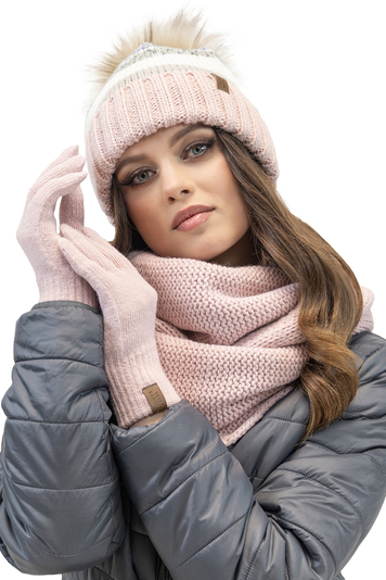 Vivisence Fashionable Winter Women's Set Hat with Colorful Weave and Pom-Pom Foldable Snood Scarf Made From Soft Anti-Static Fleece Lining and Warm Gloves with Wide Welt Finish, Pink