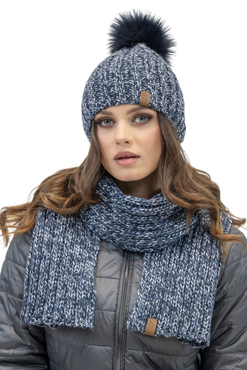 Vivisence Fashionable Winter Women's Set Including Pom-Pom Hat And Long Scarf Made From Warm Two-Color Yarn Soft Fleece Lining Perfect For Cold Winter And Autumn Days, Navy Blue