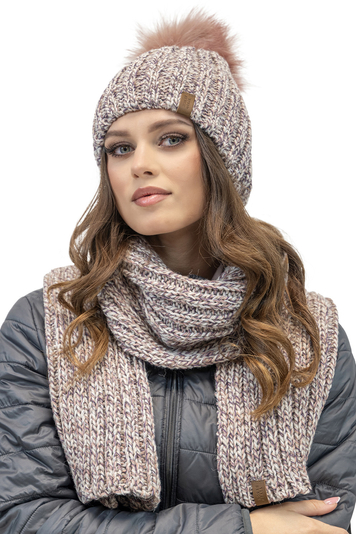 Vivisence Fashionable Winter Women's Set Including Pom-Pom Hat And Long Scarf Made From Warm Two-Color Yarn Soft Fleece Lining Perfect For Cold Winter And Autumn Days, Pink