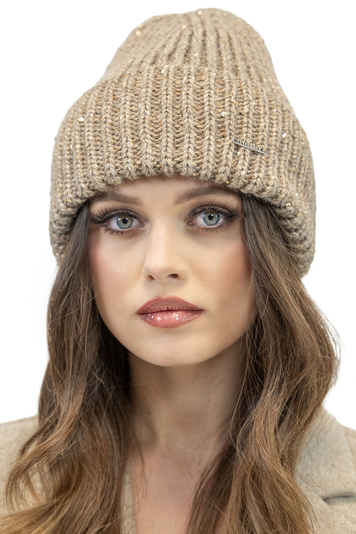 Vivisence Fashionable Women's Winter Beanie Hat With Turned-Up Hem Warm And Soft Thick Ribbed Yarn Glittering Threads And Sequins Ideal For Cold Autumn And Winter Weather, Beige