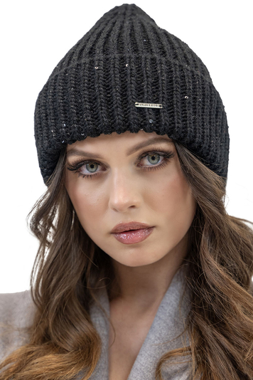 Vivisence Fashionable Women's Winter Beanie Hat With Turned-Up Hem Warm And Soft Thick Ribbed Yarn Glittering Threads And Sequins Ideal For Cold Autumn And Winter Weather, Black