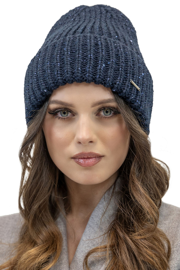 Vivisence Fashionable Women's Winter Beanie Hat With Turned-Up Hem Warm And Soft Thick Ribbed Yarn Glittering Threads And Sequins Ideal For Cold Autumn And Winter Weather, Dark Blue