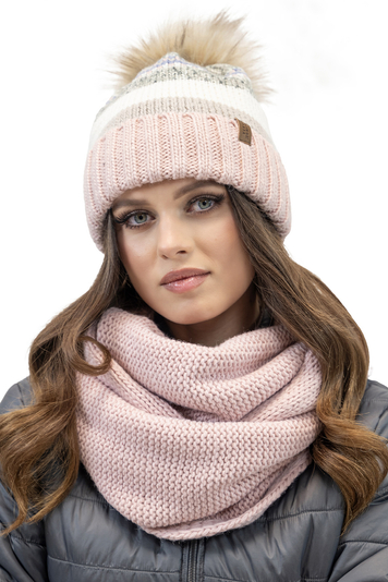 Vivisence Fashionable Women's Winter Set Perfectly Fitted Hat with Colorful Weave Pom-Pom Soft Anti-Static Fleece Lining and Foldable Snood Scarf, Pink