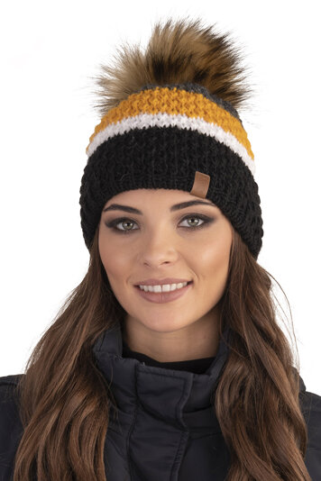 Vivisence Ladies Winter Hat with Bobble 7028, Made in EU, Black/Yellow/Grey