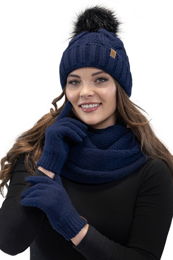 Vivisence Stylish Classic Five-Finger Women's Winter Gloves Made Of Warm And Soft Yarn With Wide Ribbed Cuff Perfect For Cold Winter Days Providing Comfort And Warmth, Navy Blue