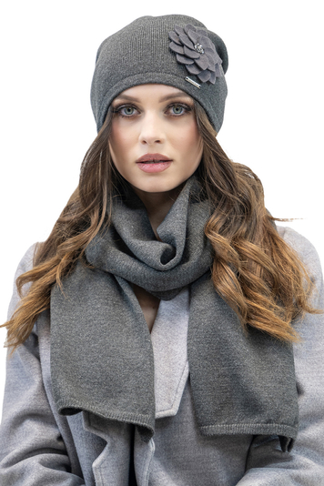 Vivisence Stylish Winter Set For Women Classic Hat And Scarf Made Of Warm And Soft Fabric With Wool Blend With Floral Decoration Perfect For Cold Winter And Autumn Days, Dark Grey