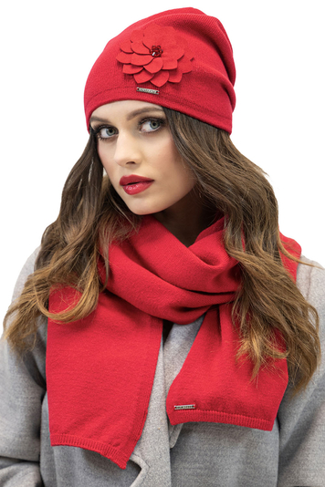 Vivisence Stylish Winter Set For Women Classic Hat And Scarf Made Of Warm And Soft Fabric With Wool Blend With Floral Decoration Perfect For Cold Winter And Autumn Days, Red