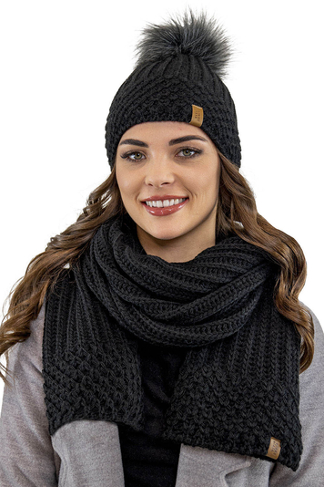 Vivisence Stylish Winter Set Including Warm Hat With Pompom And Matching Scarf Made From Warm And Soft Fleece-Lined Fabric Ideal For Cold Winter Days , Black