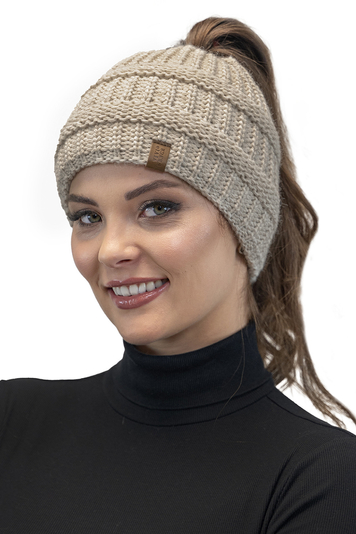 Vivisence Stylish Women's Winter Hat With Ponytail Opening Elastic Band Comfortable Made From Warm Yarn Fashionable Weave Perfect For Cold Days, Beige