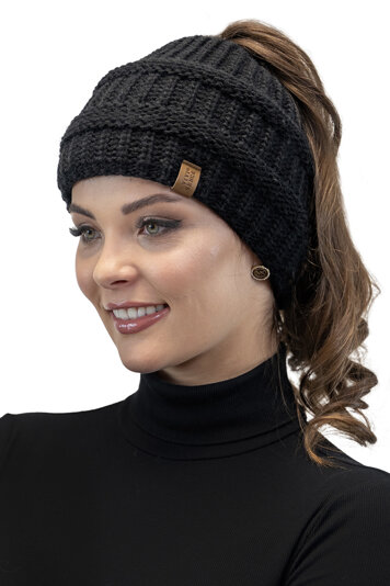 Vivisence Stylish Women's Winter Hat With Ponytail Opening Elastic Band Comfortable Made From Warm Yarn Fashionable Weave Perfect For Cold Days, Black