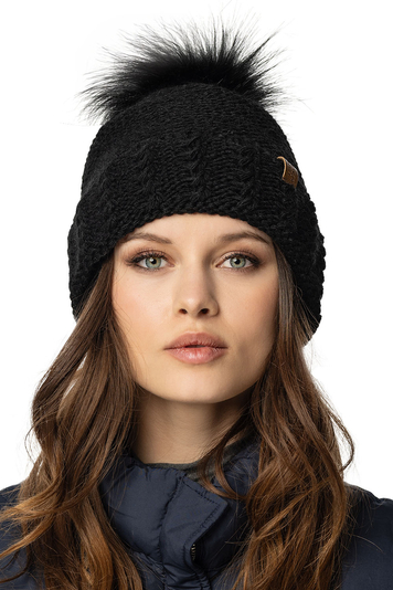 Vivisence Stylish Women’s Winter Hat with Eco-Friendly Fur Pom-Pom Perfectly Fitted Design Soft Fleece Lining Warm Yarn in Fashionable Weave Ideal for Cold Days, Black