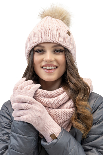 Vivisence Stylish Women’s Winter Set Cap with Pom-Pom Foldable Snood Scarf and Warm Gloves Made from Soft Yarn Anti-Static Fleece Lining Perfect for Cold Days, Pink