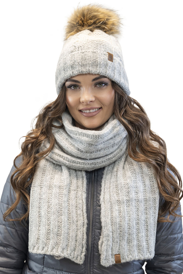 Vivisence Stylish Women's Winter Set Hat With Pom-Pom And Double Wrap Scarf Made Of Warm And Soft Yarn Anti-Static Hat Lining Perfect For Cold Winter And Autumn Days, Light Grey