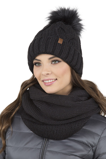 Vivisence Stylish Women's Winter Set Including Pompom Hat And Cozy Snood Scarf Made From Soft And Warm Fabric Smooth Fleece Lining Ideal For Cold Days, Black