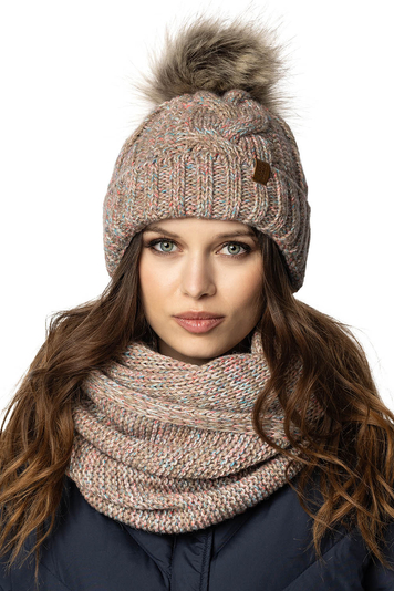 Vivisence Stylish Women's Winter Set Including Pompom Hat And Cozy Snood Scarf Made From Soft And Warm Fabric Smooth Fleece Lining Ideal For Cold Days, Brown Melange