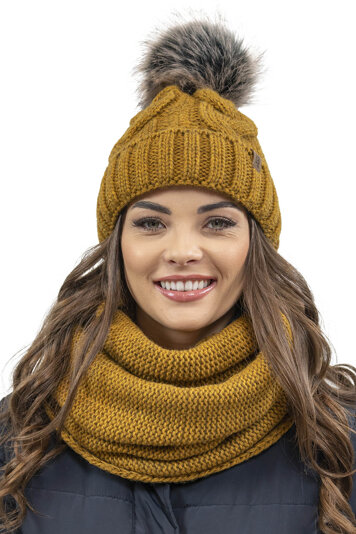 Vivisence Stylish Women's Winter Set Including Pompom Hat And Cozy Snood Scarf Made From Soft And Warm Fabric Smooth Fleece Lining Ideal For Cold Days, Dark Yellow