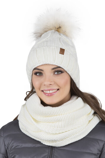 Vivisence Stylish Women's Winter Set Including Pompom Hat And Cozy Snood Scarf Made From Soft And Warm Fabric Smooth Fleece Lining Ideal For Cold Days, Ecru