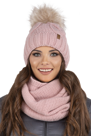 Vivisence Stylish Women's Winter Set Including Pompom Hat And Cozy Snood Scarf Made From Soft And Warm Fabric Smooth Fleece Lining Ideal For Cold Days, Light Pink