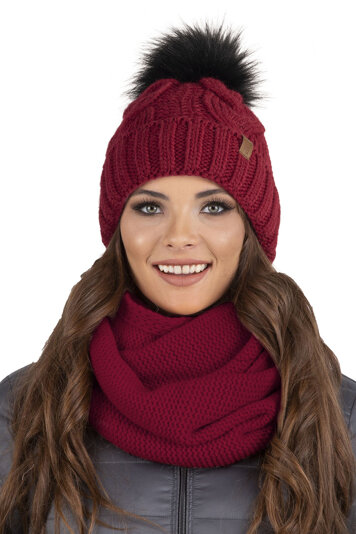 Vivisence Stylish Women's Winter Set Including Pompom Hat And Cozy Snood Scarf Made From Soft And Warm Fabric Smooth Fleece Lining Ideal For Cold Days, Maroon