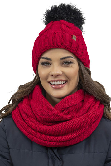 Vivisence Stylish Women's Winter Set Including Pompom Hat And Cozy Snood Scarf Made From Soft And Warm Fabric Smooth Fleece Lining Ideal For Cold Days, Red