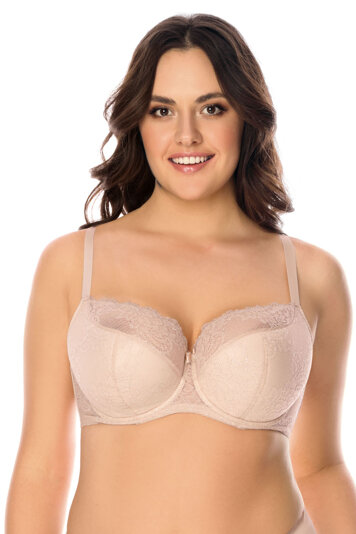 Vivisence Underwired Bra Lace Semi Padded Bra Half-Padded Cups Floral Lace Details Adjustable Straps Side Seam Boning Perfect for Elegant Gift, Beige