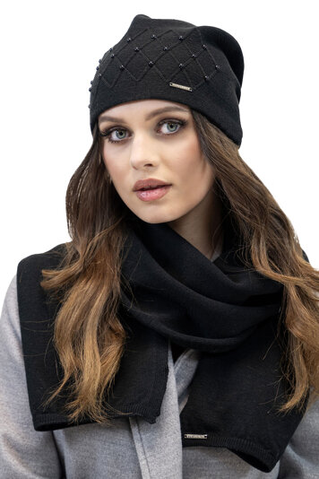 Vivisence Winter Set For Women With Warm Hat And Scarf Made Of Wool-Blend Yarn Fashionable Classic Design With Elegant Pearl And Braid Details Perfectly Fit For Cold Days, Black