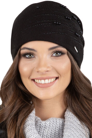 Vivisence Winter Women's Beanie With Thick Warm Fabric Shiny Pearls And Beads Pleated Back For Ladies Fleece Lining Ideal For Winter And Everyday Wear, Black