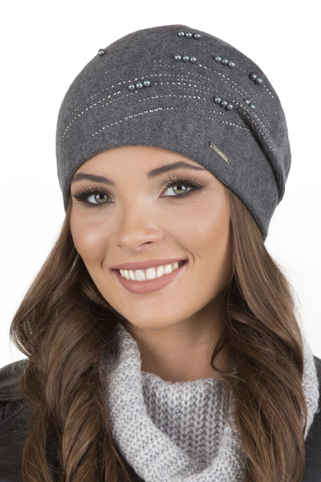 Vivisence Winter Women's Beanie With Thick Warm Fabric Shiny Pearls And Beads Pleated Back For Ladies Fleece Lining Ideal For Winter And Everyday Wear, Dark Grey