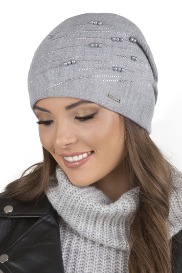 Vivisence Winter Women's Beanie With Thick Warm Fabric Shiny Pearls And Beads Pleated Back For Ladies Fleece Lining Ideal For Winter And Everyday Wear, Light Grey