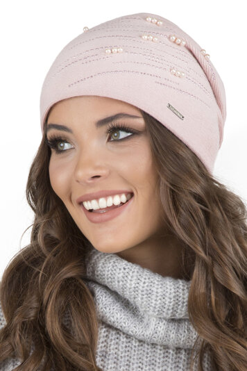 Vivisence Winter Women's Beanie With Thick Warm Fabric Shiny Pearls And Beads Pleated Back For Ladies Fleece Lining Ideal For Winter And Everyday Wear, Light Pink