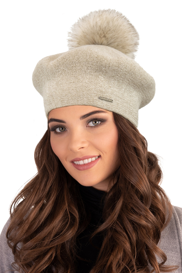 Vivisence Winter Women's Elegant Beret With Classic Design Faux Fur Pompom For Ladies Warm Wool Blend Fabric Perfect For Cold Days And Everyday Wear Autumn And Winter, Beige