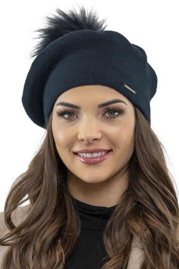 Vivisence Winter Women's Elegant Beret With Classic Design Faux Fur Pompom For Ladies Warm Wool Blend Fabric Perfect For Cold Days And Everyday Wear Autumn And Winter, Dark Blue