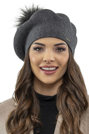 Vivisence Winter Women's Elegant Beret With Classic Design Faux Fur Pompom For Ladies Warm Wool Blend Fabric Perfect For Cold Days And Everyday Wear Autumn And Winter, Dark Grey