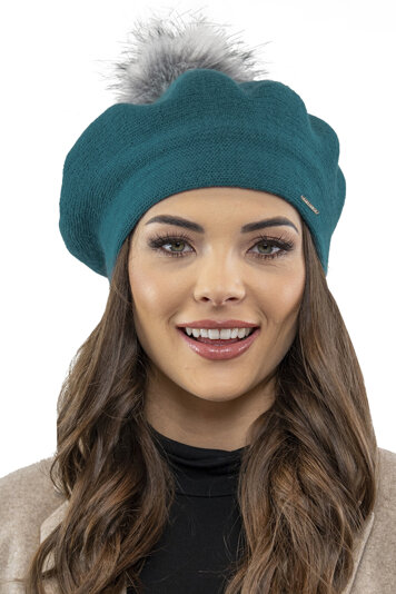 Vivisence Winter Women's Elegant Beret With Classic Design Faux Fur Pompom For Ladies Warm Wool Blend Fabric Perfect For Cold Days And Everyday Wear Autumn And Winter, Turquoise