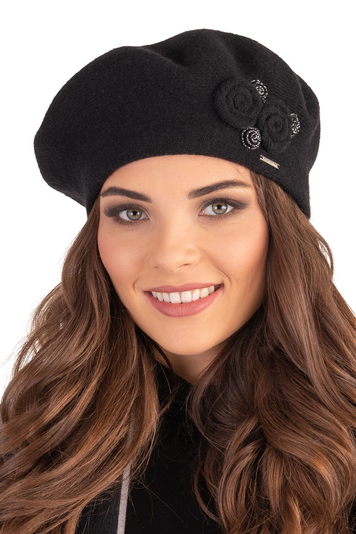 Vivisence Winter Women's Elegant Beret With Classic Design For Ladies Floral Decoration Warm Wool Blend Fabric Ideal For Cold Days And Everyday Wear Autumn And Winter, Black