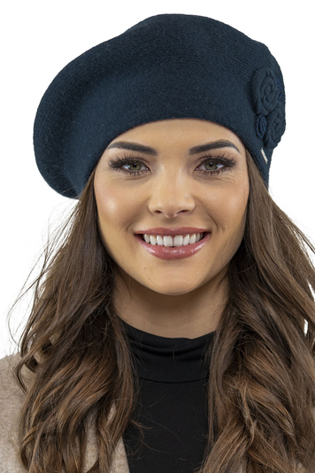 Vivisence Winter Women's Elegant Beret With Classic Design For Ladies Floral Decoration Warm Wool Blend Fabric Ideal For Cold Days And Everyday Wear Autumn And Winter, Dark Blue