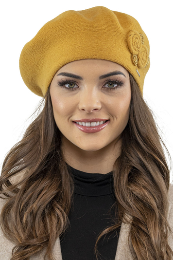 Vivisence Winter Women's Elegant Beret With Classic Design For Ladies Floral Decoration Warm Wool Blend Fabric Ideal For Cold Days And Everyday Wear Autumn And Winter, Honey