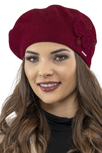 Vivisence Winter Women's Elegant Beret With Classic Design For Ladies Floral Decoration Warm Wool Blend Fabric Ideal For Cold Days And Everyday Wear Autumn And Winter, Maroon