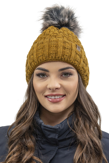 Vivisence Winter Womens Elegant Winter Hat With Pom Pom Soft Fleece Lining For Ladies Warm And Comfortable Perfect For Cold Days And Everyday Wear, Dark Yellow