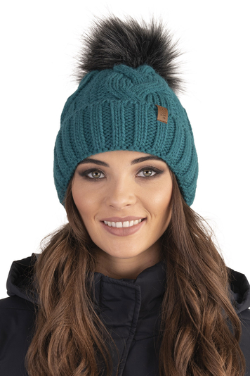 Vivisence Women Winter Hat With Bobble Warm and Cozy Headgear for Winter and Autumn Warm, Thick Knit Hat, Classic Cap for Ladies, Model 7014, Made in The EU, Dark Turquoise