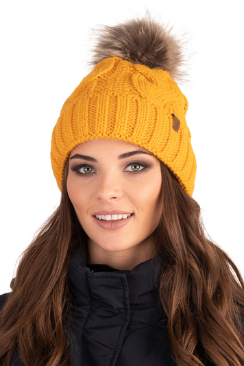Vivisence Women Winter Hat With Bobble Warm and Cozy Headgear for Winter and Autumn Warm, Thick Knit Hat, Classic Cap for Ladies, Model 7014, Made in The EU, Honey