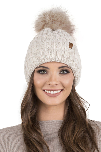 Vivisence Women Winter Hat With Bobble Warm and Cozy Headgear for Winter and Autumn Warm, Thick Knit Hat, Classic Cap for Ladies, Model 7015, Made in The EU, Beige