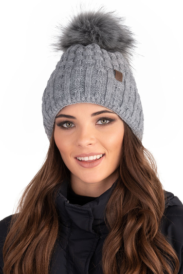 Vivisence Women Winter Hat With Bobble Warm and Cozy Headgear for Winter and Autumn Warm, Thick Knit Hat, Classic Cap for Ladies, Model 7015, Made in The EU, Light Grey