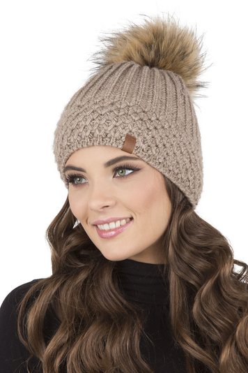 Vivisence Women Winter Hat With Bobble Warm and Cozy Headgear for Winter and Autumn Warm, Thick Knit Hat, Classic Cap for Ladies, Model 7016, Made in The EU, Beige