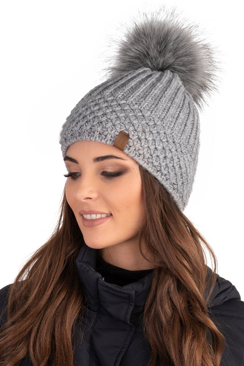 Vivisence Women Winter Hat With Bobble Warm and Cozy Headgear for Winter and Autumn Warm, Thick Knit Hat, Classic Cap for Ladies, Model 7016, Made in The EU, Light Grey