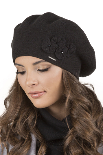 Vivisence Women's Beret Stylish And Elegant With Classic Design And Floral Decoration Made From Warm And Soft Wool For Ladies Perfect For Winter And Everyday Use, Black