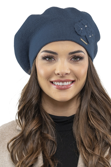 Vivisence Women's Beret Stylish And Elegant With Classic Design And Floral Decoration Made From Warm And Soft Wool For Ladies Perfect For Winter And Everyday Use, Blue