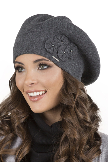 Vivisence Women's Beret Stylish And Elegant With Classic Design And Floral Decoration Made From Warm And Soft Wool For Ladies Perfect For Winter And Everyday Use, Dark Grey